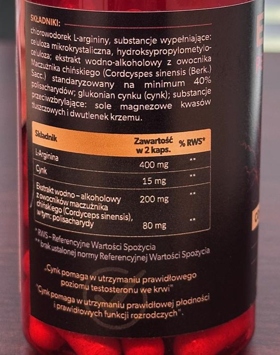 Etykieta Erecto Performance ze składem: L-arginina 400 mg, cynk 15 mg, ekstrakt z kordycepsa 200 mg